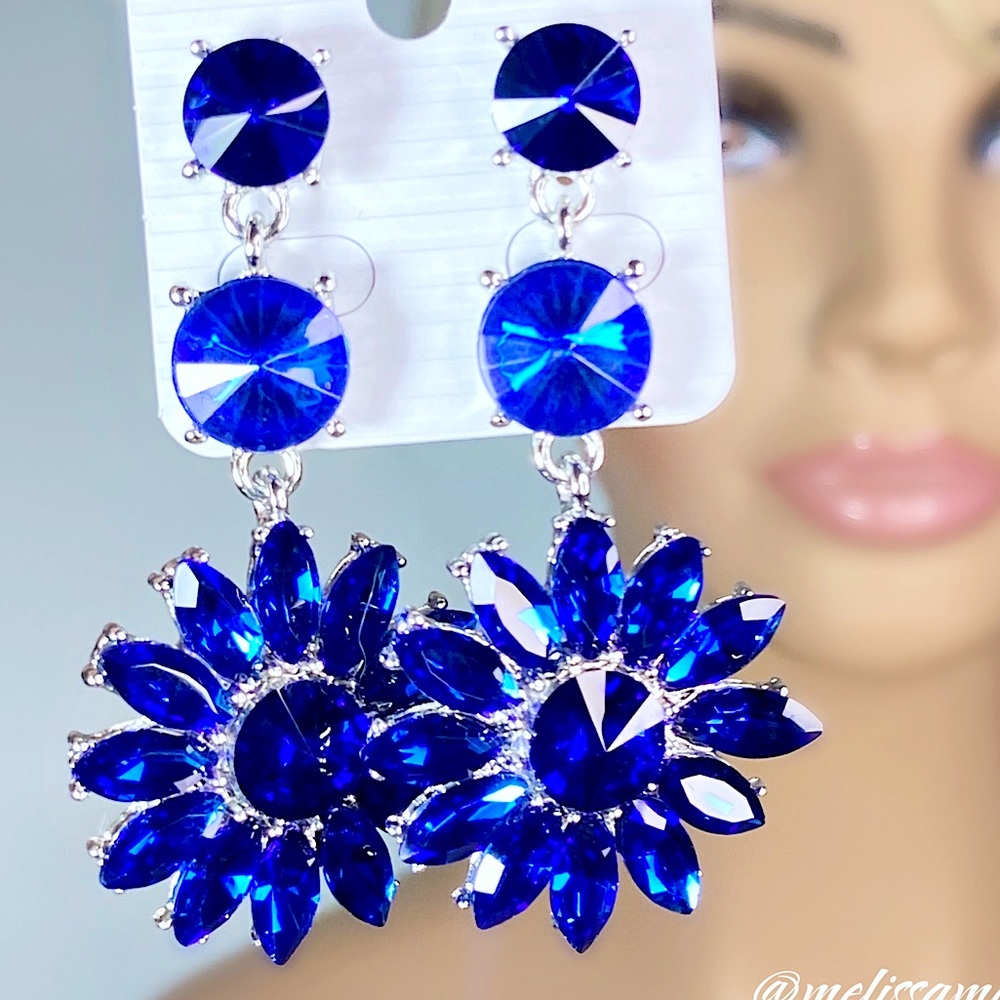 Blue Crystal Dangle Statement Earrings - Picture 1 of 3